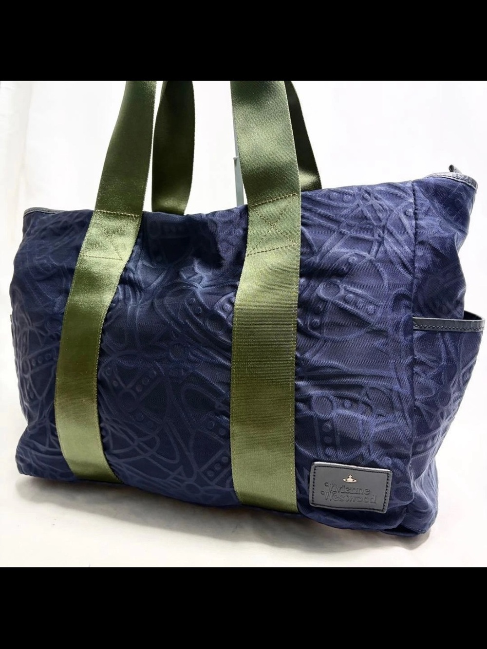 Vivienne Westwood Navy Quilted Tote with Olive Green Satin Straps